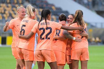 The Netherlands celebrate scoring in a friendly against Belgium at the start of July.