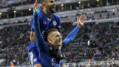 Jamie Vardy celebrates with Riyad Mahrez after scoring the first goal for Leicester City during their English Premier League match against Newcastle United at St James&#039; Park.