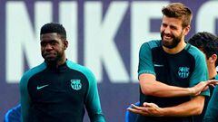 Umtiti y Piqu&eacute;, en un entrenamiento del FC Barcelona