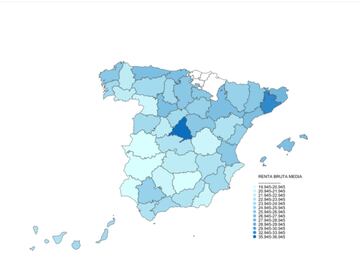 Mapa de la renta bruta media en España por Comunidades Autónomas. Fuente: Agencia Tributaria.