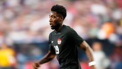 LAS VEGAS, NEVADA - JUNE 18: Alphonso Davies #19 of Canada looks on in the second half against USA during the 2023 CONCACAF Nations League final at Allegiant Stadium on June 18, 2023 in Las Vegas, Nevada.   Louis Grasse/Getty Images/AFP (Photo by Louis Grasse / GETTY IMAGES NORTH AMERICA / Getty Images via AFP)