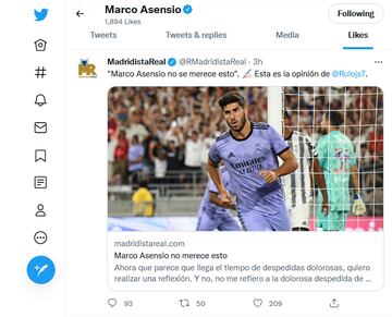 'Me gusta' de Marco Asensio a la publicación de 'Madridista Real'.