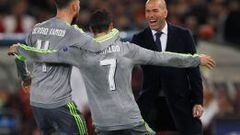 Ramos y Cristiano celebran el primer gol del Madrid en Roma.