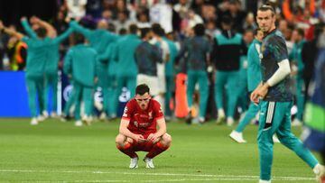 PARIS, FRANCE - MAY 28: ( THE SUN OUT,THE SUN ON SUNDAY OUT ) Andy Robertson of Liverpool Dejected at the end UEFA Champions League final match between Liverpool FC and Real Madrid at Stade de France on May 28, 2022 in Paris, France. (Photo by Andrew Powell/Liverpool FC via Getty Images)