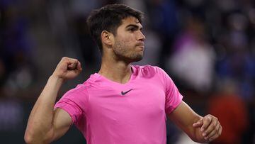 INDIAN WELLS, CALIFORNIA - MARCH 13: Carlos Alcaraz of Spain celebrates in his match against Tallon Griekspoor of Netherlands during the BNP Paribas Open on March 13, 2023 in Indian Wells, California.   Julian Finney/Getty Images/AFP (Photo by JULIAN FINNEY / GETTY IMAGES NORTH AMERICA / Getty Images via AFP)