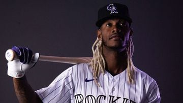 SCOTTSDALE, ARIZONA - MARCH 22: Raimel Tapia #15 of the Colorado Rockies poses during Photo Day at Salt River Fields at Talking Stick on March 22, 2022 in Scottsdale, Arizona.   Kelsey Grant/Getty Images/AFP == FOR NEWSPAPERS, INTERNET, TELCOS &amp; TELE