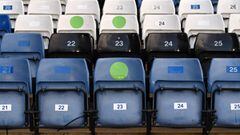 Green stickers denote the socially distanced seats that fans and spectators cab use to watch the English Premier League football match between Chelsea and Leicester City at Stamford Bridge in London on May 18, 2021. (Photo by Glyn KIRK / POOL / AFP) / RES