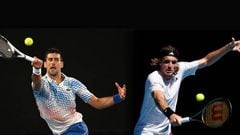 FILE PHOTO (EDITORS NOTE: COMPOSITE OF IMAGES - Image numbers 1459937550, 1459867210 - GRADIENT ADDED) In this composite image a comparison has been made between Novak Djokovic (L) and Stefanos Tsitsipas. They will meet in the Australian Open Men’s Final on January 29,2023 at Melbourne Park in Melbourne, Australia. ***LEFT IMAGE*** MELBOURNE, AUSTRALIA - JANUARY 27: Novak Djokovic of Serbia plays a forehand in the Semifinal singles match against Tommy Paul of the United States during day 12 of the 2023 Australian Open at Melbourne Park on January 27, 2023 in Melbourne, Australia. (Photo by Quinn Rooney/Getty Images) ***RIGHT IMAGE*** MELBOURNE, AUSTRALIA - JANUARY 27: Stefanos Tsitsipas of Greece plays a backhand in the Semifinal singles match against Karen Khachanov during day 12 of the 2023 Australian Open at Melbourne Park on January 27, 2023 in Melbourne, Australia. (Photo by Darrian Traynor/Getty Images)
