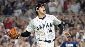 MIAMI, FLORIDA - MARCH 21: Shohei Ohtani #16 of Team Japan reacts after the final out of the World Baseball Classic Championship defeating Team USA 3-2 at loanDepot park on March 21, 2023 in Miami, Florida.   Eric Espada/Getty Images/AFP (Photo by Eric Espada / GETTY IMAGES NORTH AMERICA / Getty Images via AFP)