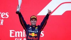 BAKU, AZERBAIJAN - JUNE 12: Second placed Sergio Perez of Mexico and Oracle Red Bull Racing celebrates on the podium during the F1 Grand Prix of Azerbaijan at Baku City Circuit on June 12, 2022 in Baku, Azerbaijan. (Photo by Joe Portlock - Formula 1/Formula 1 via Getty Images)