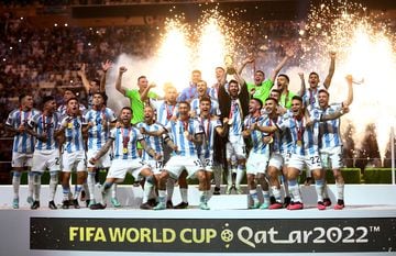 Viewer heaven | Argentina's Lionel Messi celebrates with the trophy and teammates after winning the 2022 World Cup.
