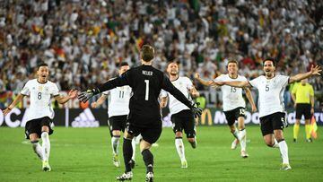 Germany players celebrate after Germany&#039;s defender Jonas Hector (3) scored the final spot-kick in a penalty shoot-out