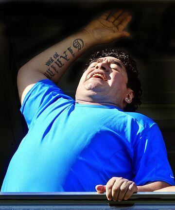 Diego Armando Maradona supporting Boca Juniors at La Bombonera.