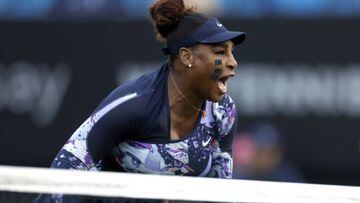 Serena Williams reacts in her round of 16 doubles match with Ons Jabeur (not pictured) on centre court on day four of the Rothesay International Eastbourne at Devonshire Park, Eastbourne. Picture date: Tuesday June 21, 2022. (Photo by Steven Paston/PA Images via Getty Images)