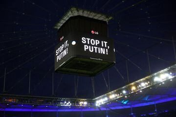 Deutsche Bank Park, Frankfurt, Germany - February 26, 2022 General view pf a message for Russian President Vladimir Putin which is in support of Ukraine displayed inside the stadium before the match