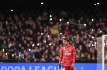 Real Madrid's Croatian midfielder Luka Modric stands on the field during the Spanish league football match between Valencia CF and Real Madrid CF at the Mestalla stadium in Valencia on April 3, 2019.