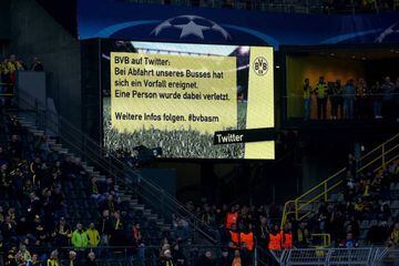 The video board at Signal Iduna Park relays information on the explosions to fans inside the stadium.