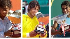 (Top and bottom from L) A combo of a photo taken in 2010, 2009, 2008, 2007, 2006 and 2005 shows Spanish tennis player Rafael Nadal biting his trophy after winning the 6 last Monte-Carlo ATP Masters Series Tournament tennis match final in Monaco. While winning the tournament on April 18, 2010 Nadal becomes the first player in the post-1968 Open era to win a title for six straight years and gives Spain their eighth winner in the last nine tournaments. AFP PHOTO VALERY HACHE / PASCAL GUYOT / STEPHANE DANNA
 TODOS LOS TROFEOS CAMPEON DE MONTECARLO
 PUBLICADA 19/04/10 NA MA53 1COL