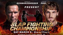 Cartel promocional del Slap Fighting Championship presentado por Arnold Schwarzenegger y Logan Paul.