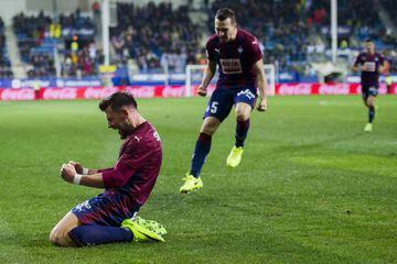 Up close and personal: Sergi Enrich of SD Eibar celebrates after scoring his team's third goal during the La Liga match between SD Eibar and Malaga.
