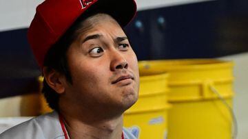 Apr 29, 2023; Milwaukee, Wisconsin, USA; Los Angeles Angels designated hitter Shohei Ohtani (17) makes a face before a game against the Milwaukee Brewers at American Family Field. Mandatory Credit: Benny Sieu-USA TODAY Sports