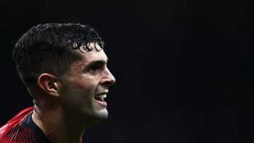 AC Milan�s forward Christian Pulisic from USA celebrates after scoring during the Italian Serie A football match AC Milan vs Torino on August 26, 2023 at the �San Siro Stadium� in Milan. (Photo by MARCO BERTORELLO / AFP)