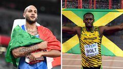 Los campeones ol&iacute;mpicos de los 100 metros lisos Marcell Jacobs y Usain Bolt
