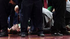 Oct 17, 2017; Cleveland, OH, USA; Boston Celtics forward Gordon Hayward (20) lays on the court after injuring his ankle during the first half against the Cleveland Cavaliers at Quicken Loans Arena. Mandatory Credit: Ken Blaze-USA TODAY Sports     TPX IMAG