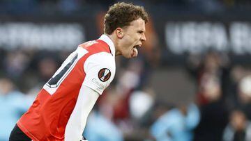 ROTTERDAM - Mats Wieffer of Feyenoord celebrates the 1-0 during the UEFA Europa League quarterfinal match between Feyenoord and AS Roma at Feyenoord Stadion de Kuip on April 13, 2023 in Rotterdam, Netherlands. ANP PIETER STAM DE JONGE (Photo by ANP via Getty Images)