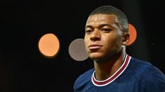 Paris Saint-Germain&#039;s French forward Kylian Mbappe reacts during the French L1 football match between Stade Brestois and Paris Saint-Germain at Francis-Le Ble Stadium in Brest on August 20, 2021.