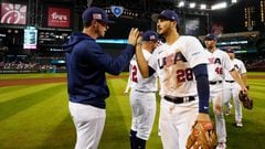 PHOENIX, AZ - MARCH 11:  Nolan Arenado #28 of Team USA celebrates with teammates after Team USA defeated Team Great Britain in Game 2 of Pool C at Chase Field on Saturday, March 11, 2023 in Phoenix, Arizona. (Photo by Daniel Shirey/WBCI/MLB Photos via Getty Images)