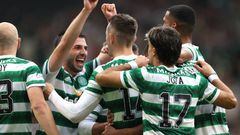 Celtic's David Turnbull (centre) celebrates scoring their side's fourth goal of the game with team-mates during the cinch Premiership match at Celtic park, Glasgow. Picture date: Saturday September 3, 2022. (Photo by Steve Welsh/PA Images via Getty Images)