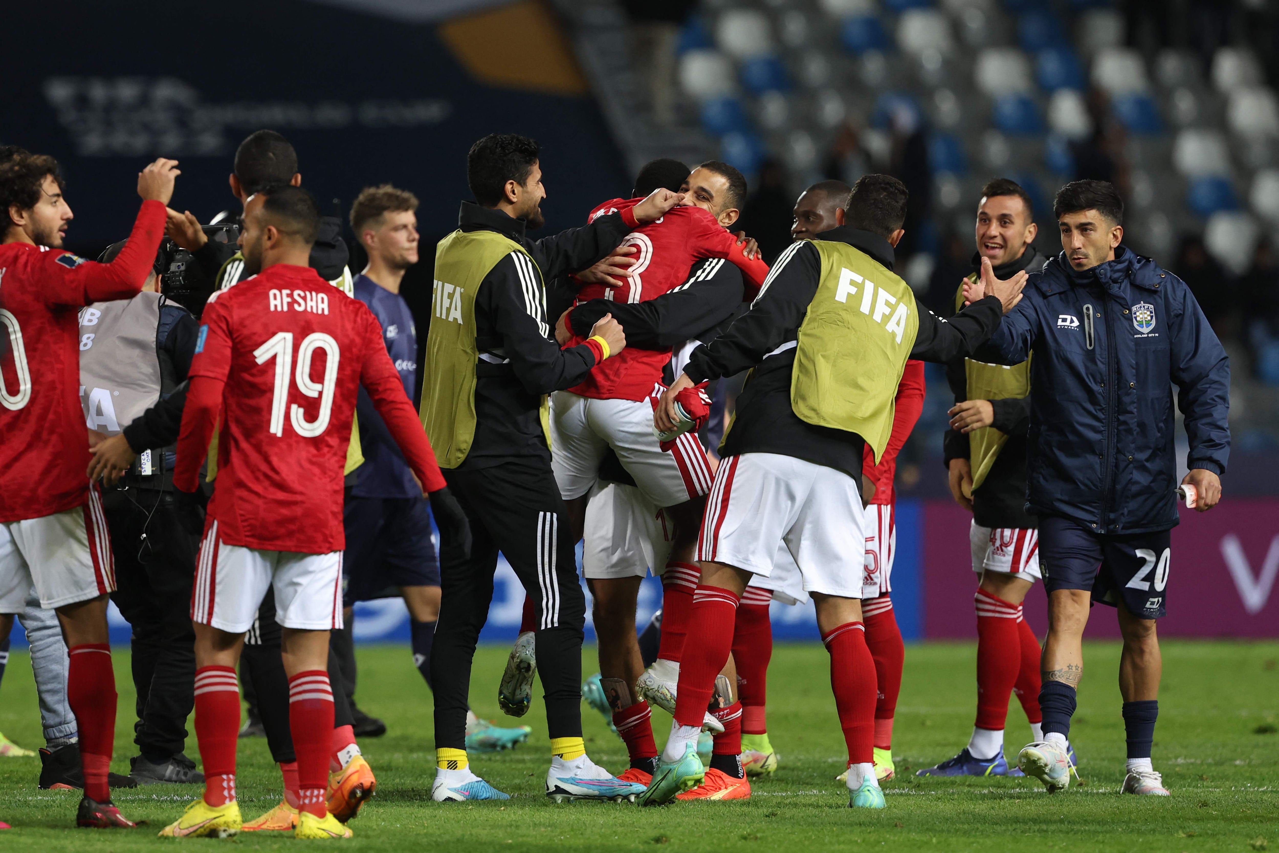 Ahly's players celebrate winning the FIFA Club World Cup first round football match between Egypt's Al-Ahly and New Zealand's Auckland City at the Ibn Batouta Stadium in Tangier on February 1, 2023. (Photo by Fadel Senna / AFP)