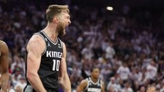 SACRAMENTO, CALIFORNIA - APRIL 30: Domantas Sabonis #10 of the Sacramento Kings reacts during the second quarter against the Golden State Warriors in game seven of the Western Conference First Round Playoffs at Golden 1 Center on April 30, 2023 in Sacramento, California. NOTE TO USER: User expressly acknowledges and agrees that, by downloading and or using this photograph, User is consenting to the terms and conditions of the Getty Images License Agreement.   Ezra Shaw/Getty Images/AFP (Photo by EZRA SHAW / GETTY IMAGES NORTH AMERICA / Getty Images via AFP)