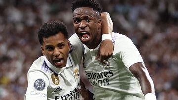 Vinicius y Rodrygo celebran un gol al Manchester City en la ida de semifinales disputada en mayo de 2023 en el Bernabéu.