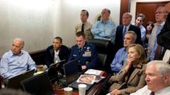 US President Barack Obama (2nd L) and Vice President Joe Biden (L), along with members of the national security team, receive an update on the mission against Osama bin Laden in the Situation Room of the White House, May 1, 2011. Also pictured are Secreta