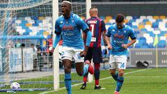NAPLES, ITALY - APRIL 03: Victor Osimhen of SSC Napoli celebrates after scoring their side&#039;s second goal during the Serie A match between SSC Napoli and FC Crotone at Stadio Diego Armando Maradona on April 03, 2021 in Naples, Italy. Sporting stadiums
