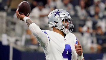 ARLINGTON, TEXAS - DECEMBER 11: Dak Prescott #4 of the Dallas Cowboys looks to pass in the first half of a game against the Houston Texans at AT&T Stadium on December 11, 2022 in Arlington, Texas.   Sam Hodde/Getty Images/AFP (Photo by Sam Hodde / GETTY IMAGES NORTH AMERICA / Getty Images via AFP)