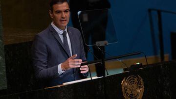 Spanish President Pedro Sánchez Pérez-Castejón addresses the 77th session of the United Nations General Assembly at the UN headquarters in New York City on September 22, 2022. (Photo by Yuki IWAMURA / AFP) (Photo by YUKI IWAMURA/AFP via Getty Images)