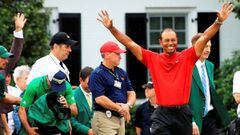 AUGUSTA, GEORGIA - APRIL 14: Tiger Woods of the United States reacts during the Green Jacket Ceremony after winning the Masters at Augusta National Golf Club on April 14, 2019 in Augusta, Georgia.   Andrew Redington/Getty Images/AFP == FOR NEWSPAPERS, IN