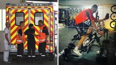 Imagen de la ambulancia que traslad&oacute; a Chris Froome tras su ca&iacute;da en el Dauohin&eacute; y del propio Froome en un entrenamiento durante la cuarentena.
