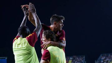 Paulo Dybala of AS Roma celebrates with Edoardo Bove of AS Roma after Tammy Abraham of AS Roma scored second goal during the Serie A match between Empoli FC and AS Roma at Stadio Carlo Castellani, Empoli, Italy on 12 September 2022. (Photo by Giuseppe Maffia/NurPhoto via Getty Images)