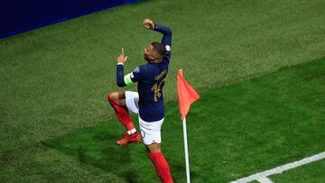France's forward #10 Kylian Mbappe celebrates after scoring a goal during the UEFA EURO 2024 Group B qualifying football match between France and Gibraltar at the Allianz Riviera stadium in Nice, southeastern France, on November 18, 2023. (Photo by Valery HACHE / AFP)