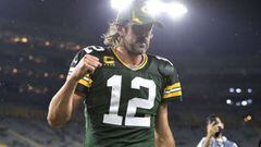 GREEN BAY, WISCONSIN - SEPTEMBER 20: Aaron Rodgers #12 of the Green Bay Packers reacts as he walks of the field following the team&#039;s win against the Detroit Lions during an NFL football game at Lambeau Field on September 20, 2021 in Green Bay, Wiscon