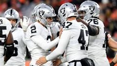 CLEVELAND, OHIO - DECEMBER 20: Daniel Carlson #2 of the Las Vegas Raiders celebrates a successful field goal in the fourth quarter of the game against the Cleveland Browns at FirstEnergy Stadium on December 20, 2021 in Cleveland, Ohio.   Nick Cammett/Gett