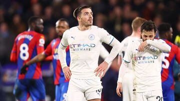 LONDON, ENGLAND - MARCH 14: Jack Grealish and Bernardo Silva of Manchester City react at full-time after the Premier League match between Crystal Palace and Manchester City at Selhurst Park on March 14, 2022 in London, England. (Photo by Julian Finney/Get