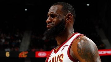 ATLANTA, GA - FEBRUARY 09: LeBron James #23 of the Cleveland Cavaliers reacts after he was charged with an offensive foul during the game against the Atlanta Hawks at Philips Arena on February 9, 2018 in Atlanta, Georgia. NOTE TO USER: User expressly ackn