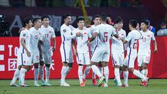 Soccer Football - World Cup - Asia Qualifiers - Second Round - Group A - Guam v China - Suzhou Olympic Sports Center, Suzhou, Jiangsu province, China - May 30, 2021 China&#039;s Lei Wu celebrates scoring their first goal with teammates REUTERS/Aly Song