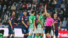 Roberto Soldado of Levante UD see the red card during the Santander League match between Levante UD and Real Betis Balonpie at the Ciutat de Valencia Stadium on February 13, 2022, in Valencia, Spain.
 AFP7 
 13/02/2022 ONLY FOR USE IN SPAIN