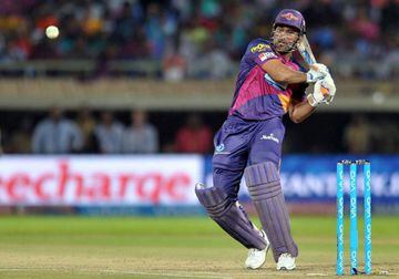 Dhoni plays a shot during the 2016 Indian Premier League (IPL) Twenty20 cricket match between Rising Pune Supergiants and Sunrisers Hyderabad.